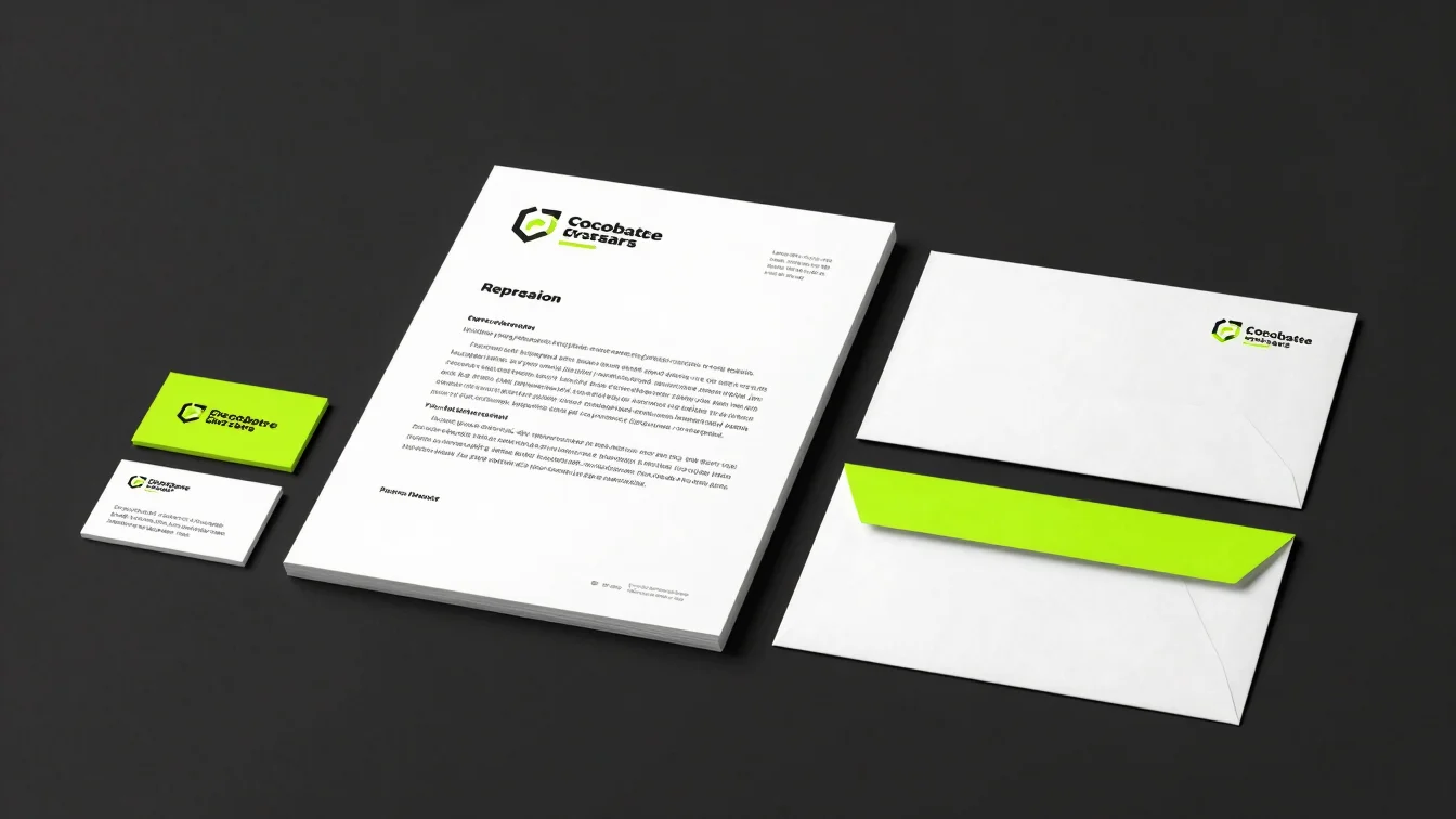 High-contrast graphic design mockup of a corporate stationery sys